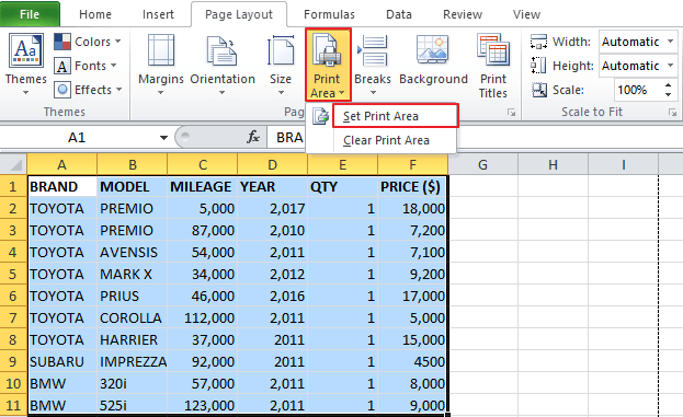 change print area in excel